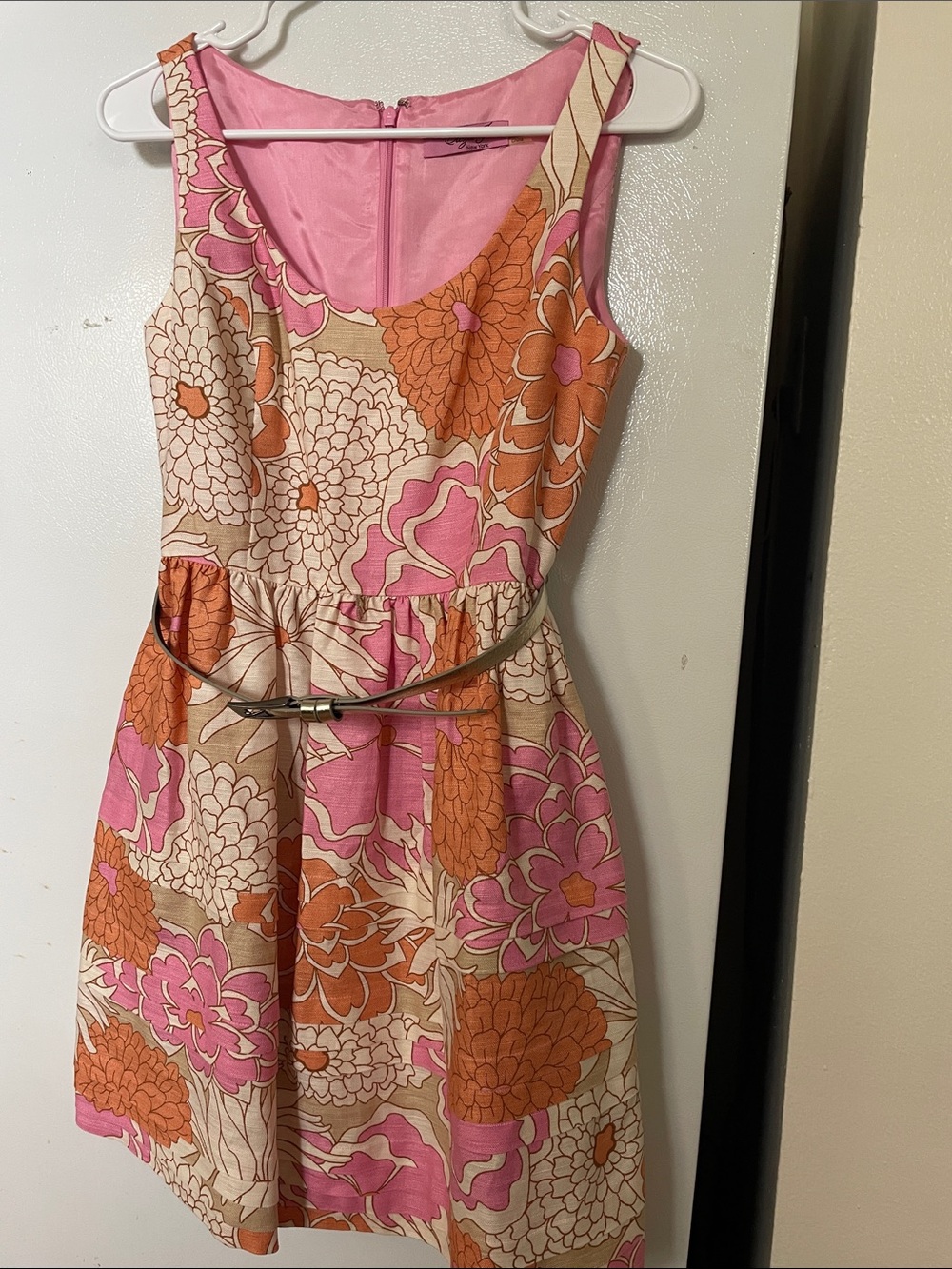 Eliza J 6P NY Flirty Floral Feminine Pink Orange Cream Belt Lined Pockets Dress